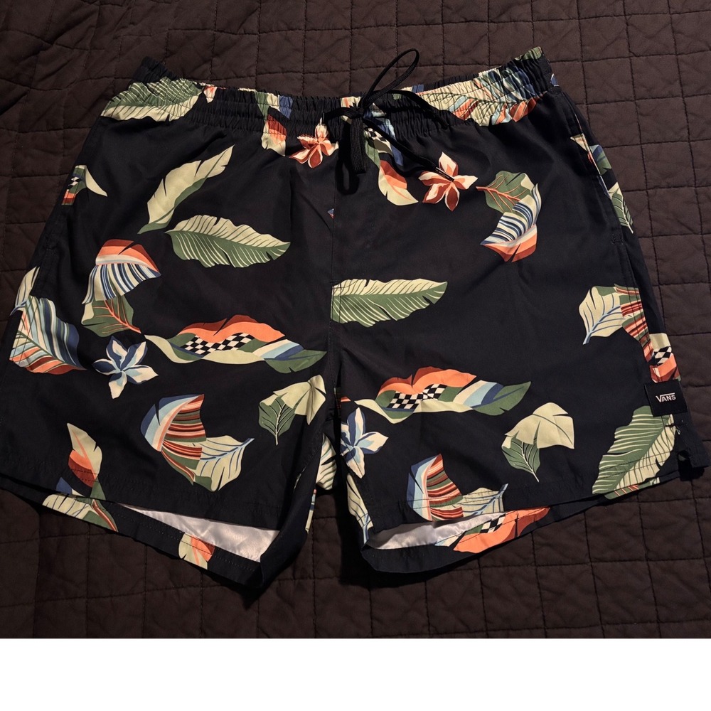 Vans Mens Large Tropical Floral Checkerboard Swim Trunks Black Board Shorts